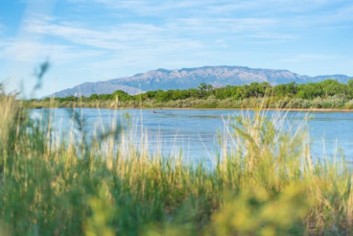 Photograph of a river from the riverbank with mountains beyond